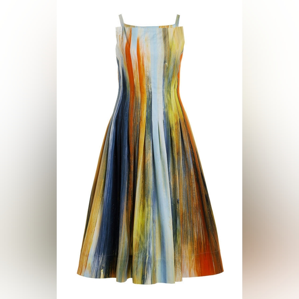 $3290 NEW OSCAR DE LA RENTA ABSTRACT CALENDULA ART MIDI DRESS US 14 - Picture 2 of 11